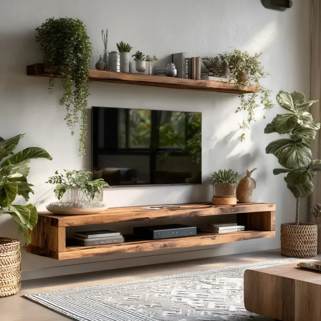Modern living room wall-mounted wooden TV console with plants, books, and decorative shelf