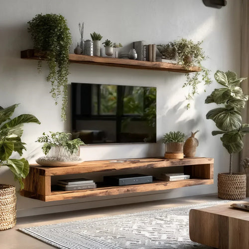 Modern Live Edge Floating TV Console – Handmade Solid Wood Wall Mounted Media Stand
