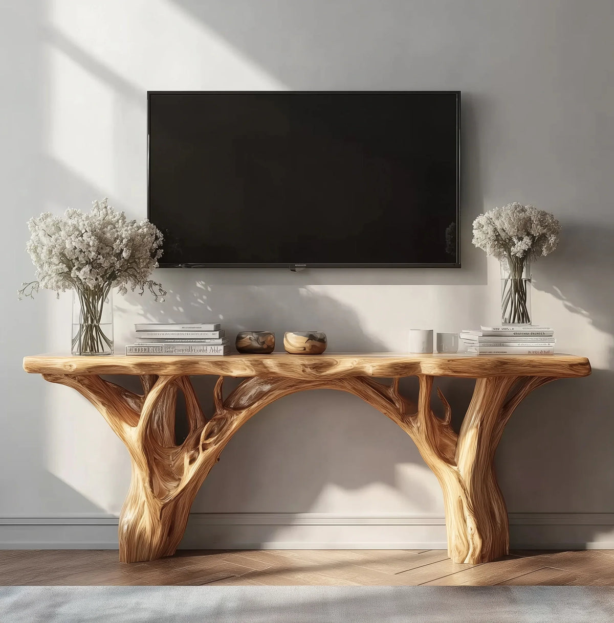 Live edge solid wood console table with sculpted legs, TV above, modern decor