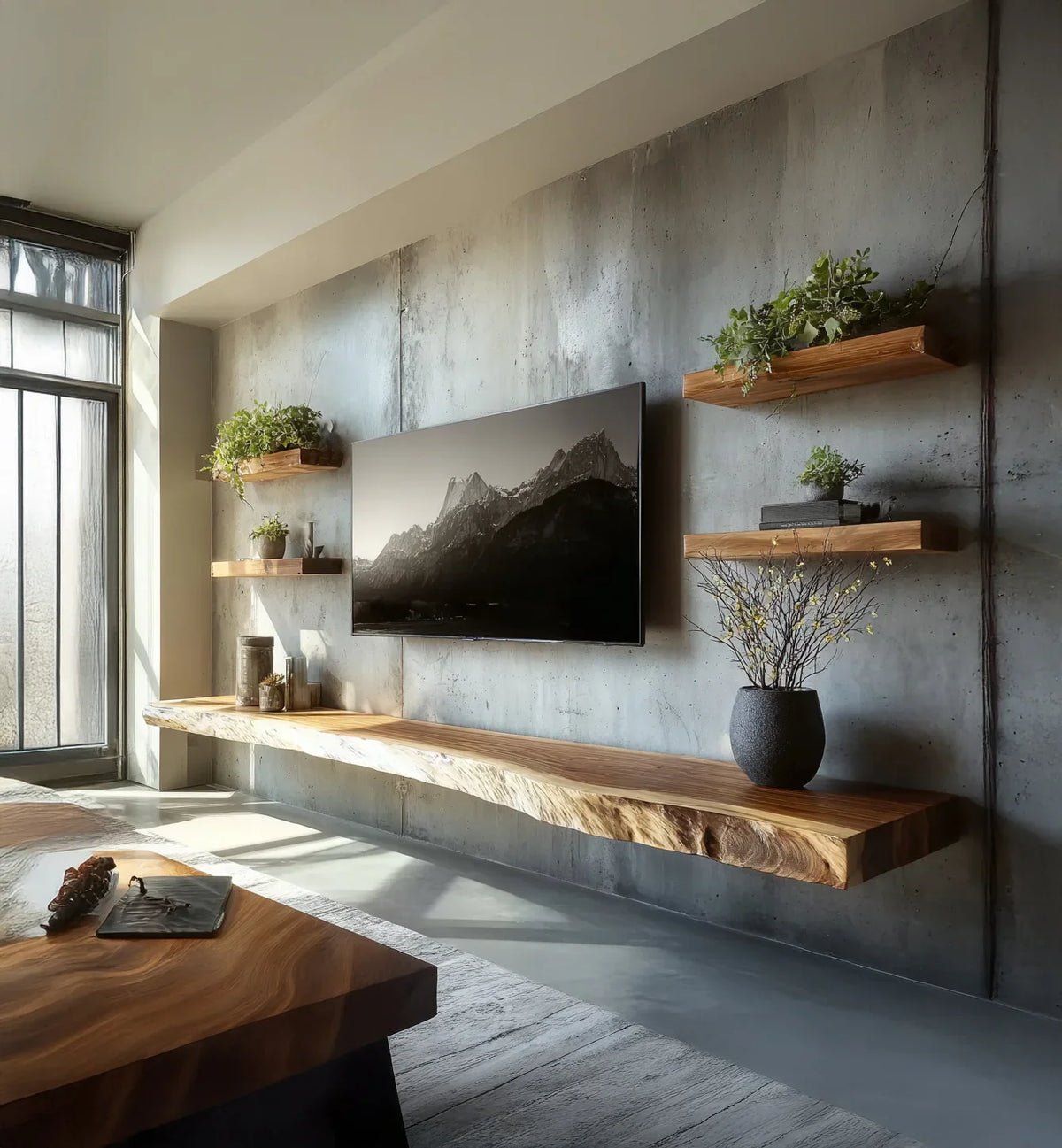 Modern living room with live edge floating shelves, solid wood table, and houseplants