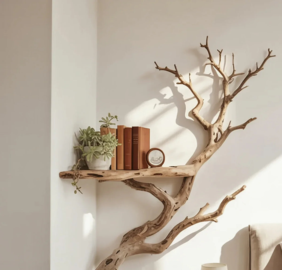 Live edge wooden tree bookshelf with books and potted plant, wall-mounted in sunlit room, Top-down diagram of corner tree bookshelf placement showing floor footprint dimensions
