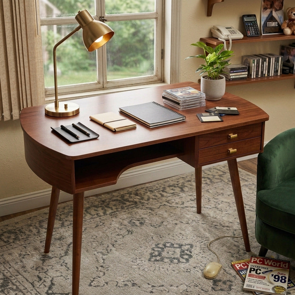 Mid-century modern executive writing desk crafted from solid wood