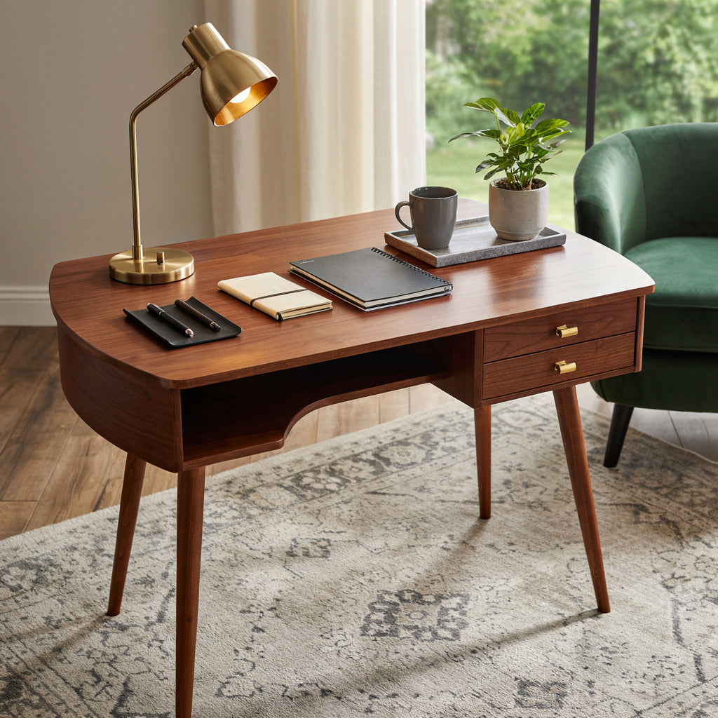 Mid-century modern solid wood executive desk in a professional workspace