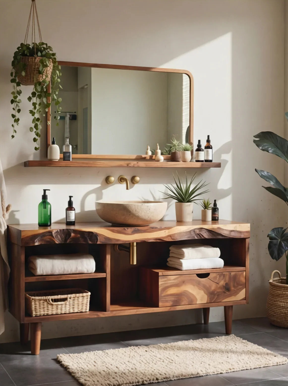 Live edge solid wood bathroom vanity with stone basin, gold faucet, large mirror, floating shelf, and indoor plants