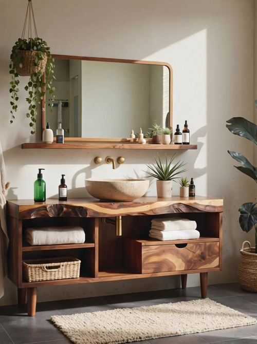 Rustic Live Edge Wood Bathroom Vanity – Handmade Solid Wood Console with Storage