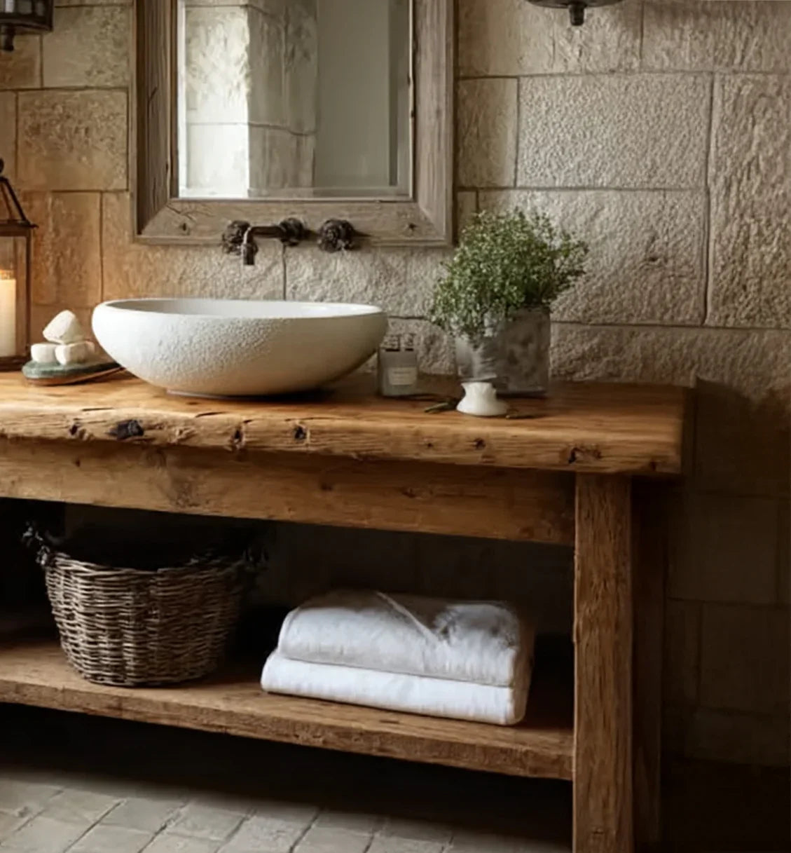 Rustic bathroom wooden countertop with stone vessel sink, framed mirror, wicker basket, and white towels