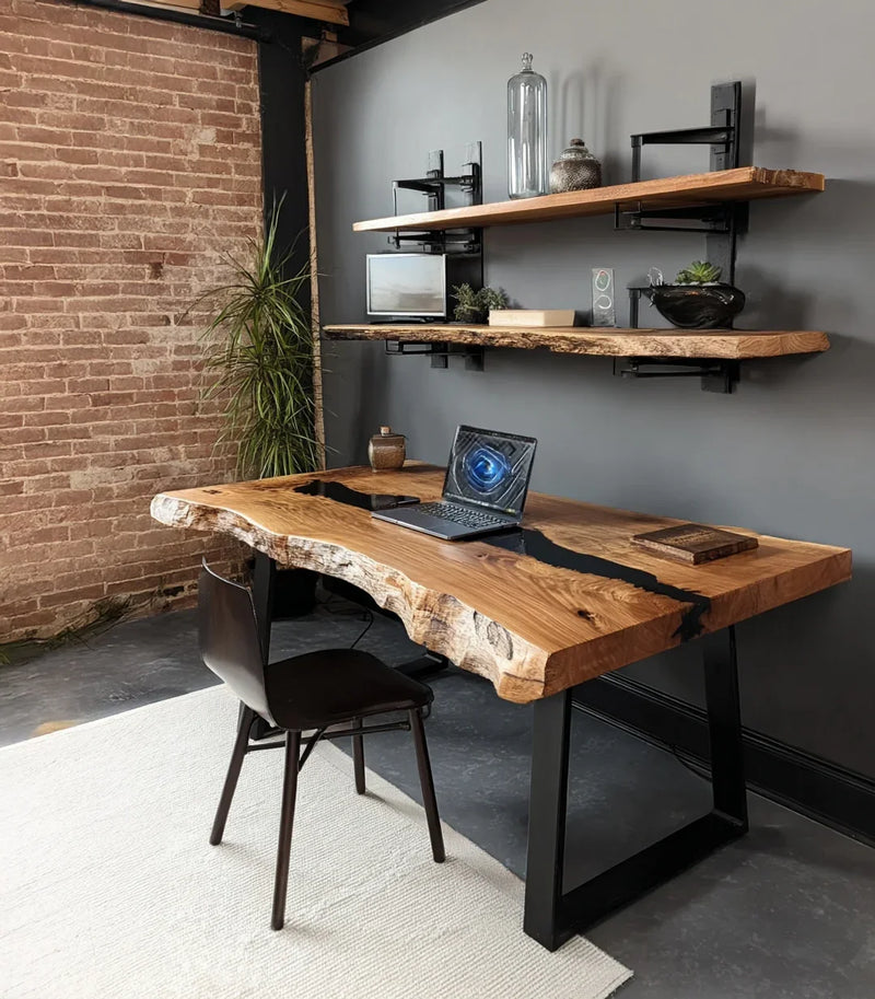 Modern workspace with live edge wood desk, black metal legs, laptop, black chair, floating wood shelves, and brick wall