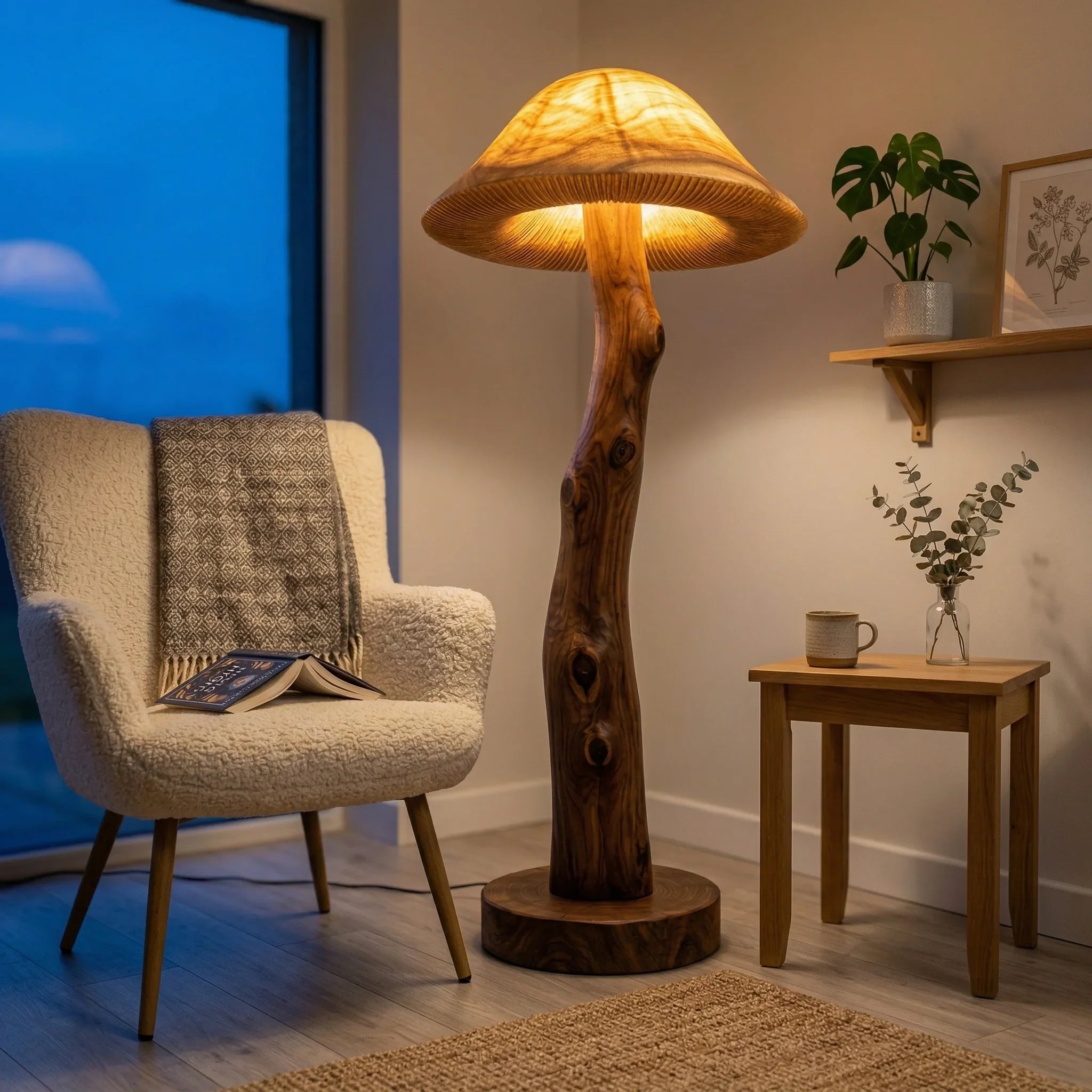 Translucent Mushroom Floor Lamp | Glowing Wood Cap + Live-Edge Stem
