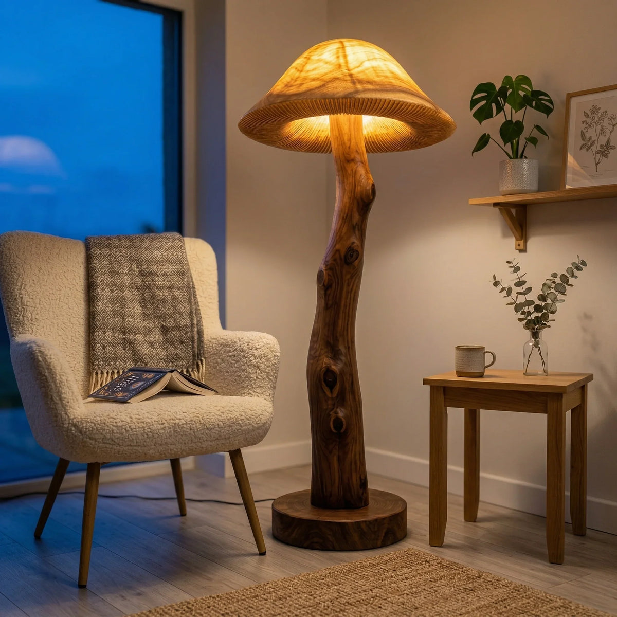 Translucent wood mushroom floor lamp with glowing cap, live edge log stem, and walnut base in cozy living room