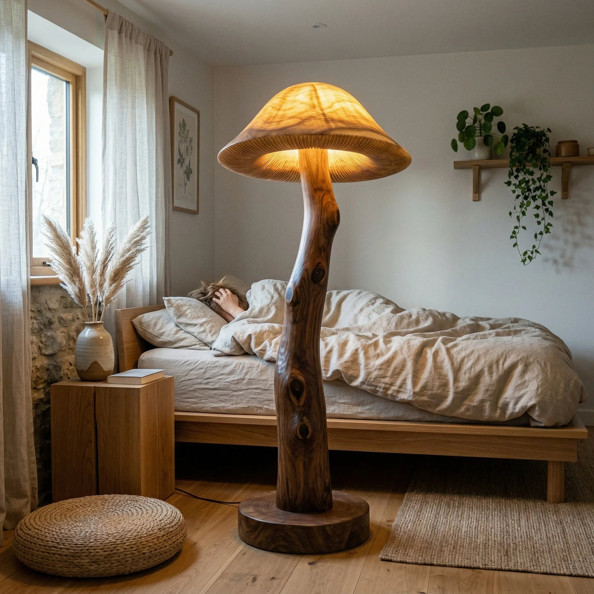 Translucent wood mushroom floor lamp with glowing cap and gill detail in cozy bedroom