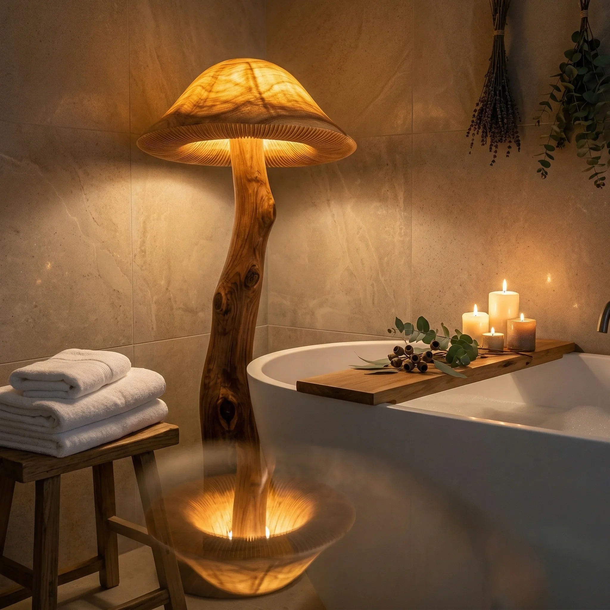 Translucent Mushroom Floor Lamp | Glowing Wood Cap + Live-Edge Stem