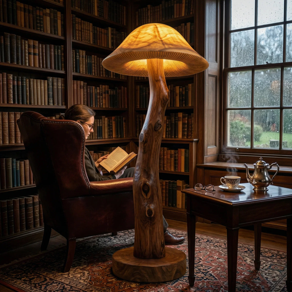 Translucent wood mushroom floor lamp with glowing cap, live edge log stem, and round walnut base.