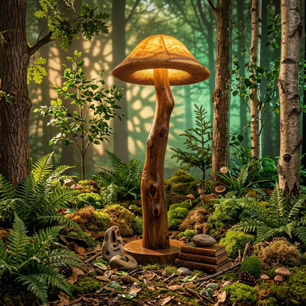 Translucent wood mushroom floor lamp with glowing cap and detailed gills on a log stem, set in a forest scene