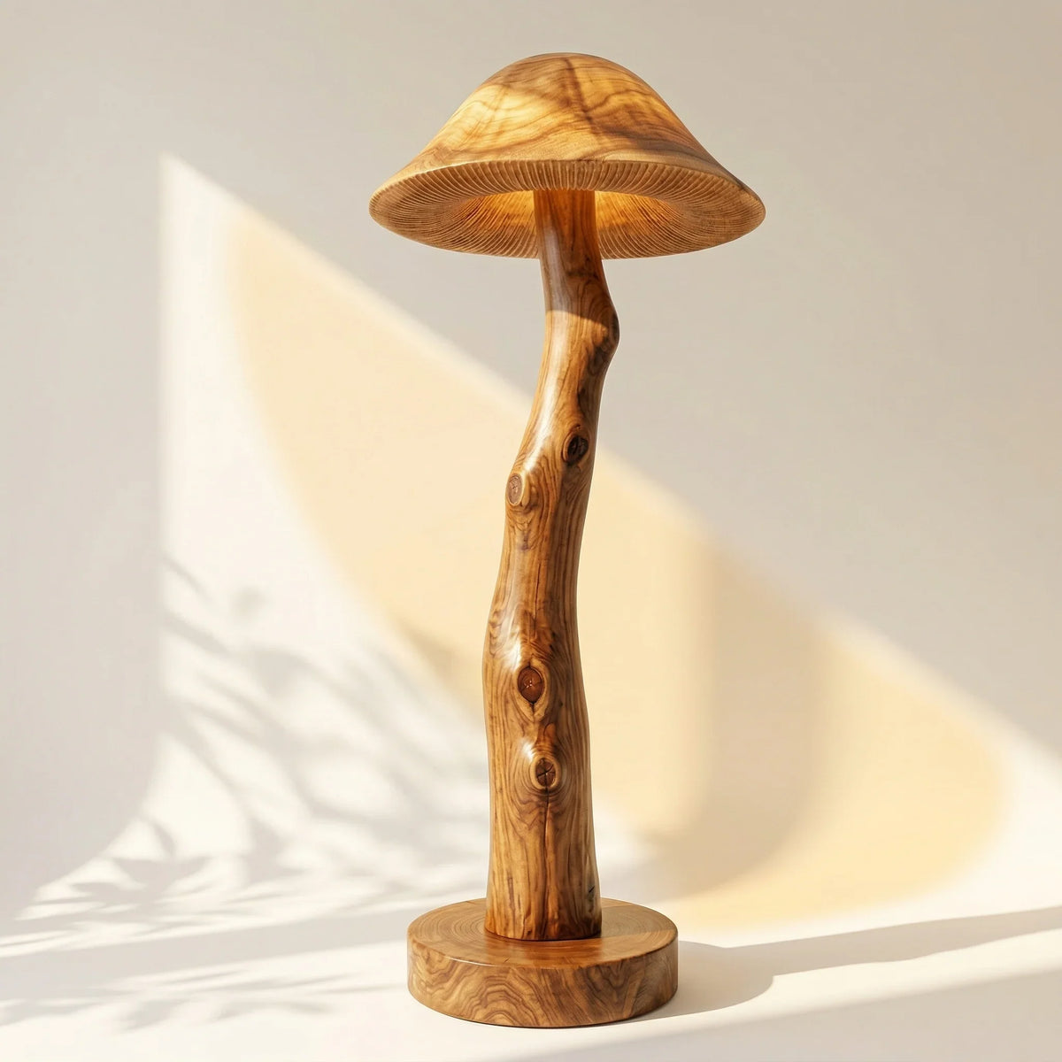 Translucent wood mushroom floor lamp with glowing cap, live edge log stem, walnut base