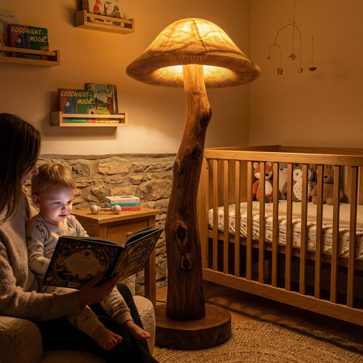 Translucent wood mushroom floor lamp with glowing cap, live edge log stem, and walnut base in cozy nursery