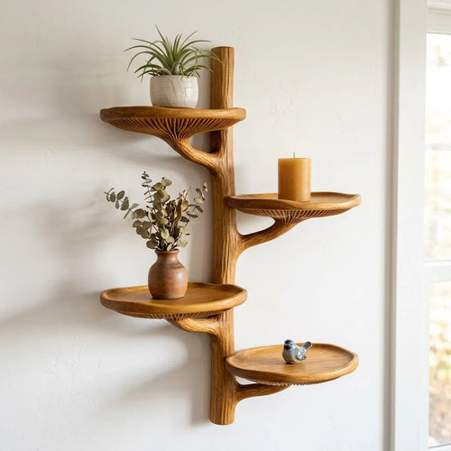 Tree Branch Mushroom Wall Shelf with 4 Wide Dished Platforms - Handcrafted Solid Wood Floating Shelf with Carved Gill Detail and Smooth Branch Trunk