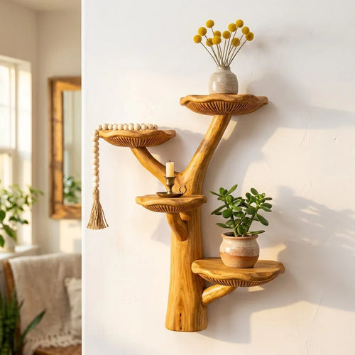 Forked Trunk Mushroom Wall Shelf with 4 Asymmetric Caps - Handcrafted Solid Wood Branching Tree Shelf with Carved Gill Detail and Y-Split Trunk
