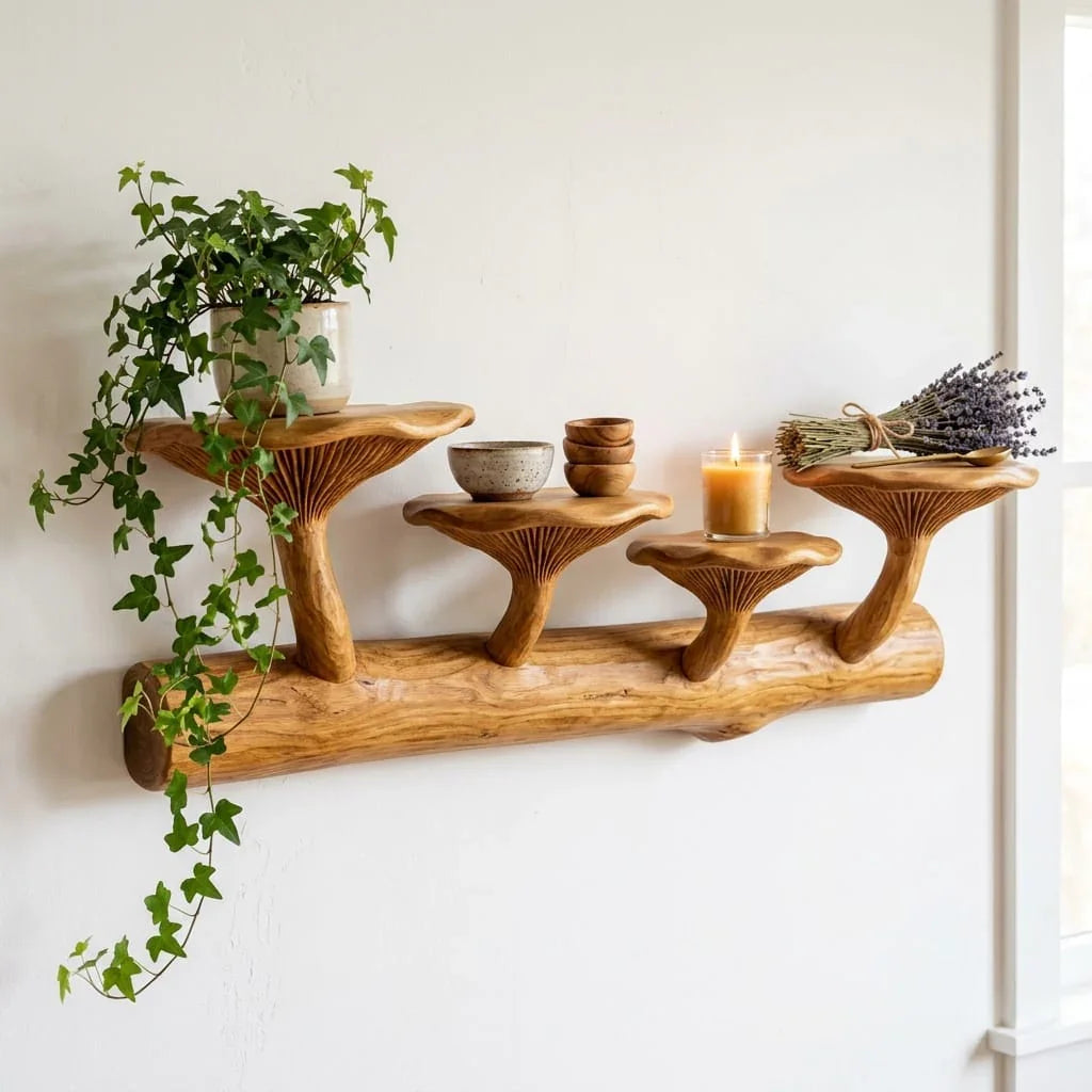 Horizontal Log Mushroom Wall Shelf with 5 Upright Mushroom Stands - Handcrafted Solid Wood Floating Shelf with Carved Gill Detail on Natural Branch Base