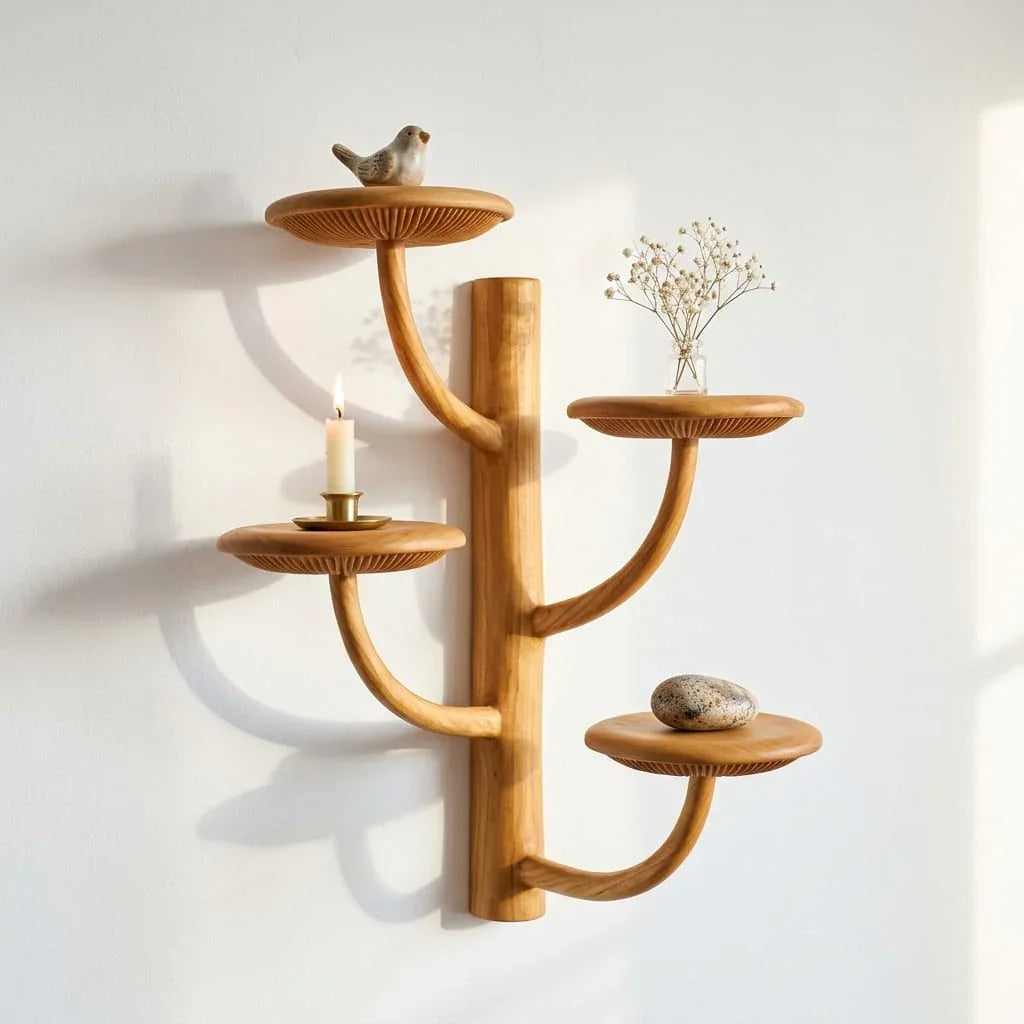 Tree Branch Mushroom Wall Shelf with 4 Round Platforms - Handcrafted S