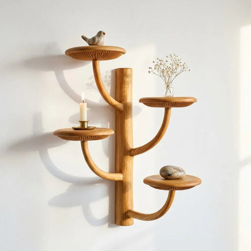 Tree Branch Mushroom Wall Shelf with 4 Round Platforms - Handcrafted Solid Wood Candelabra-Style Floating Shelf with Smooth Curved Arms and Carved Gill Rim