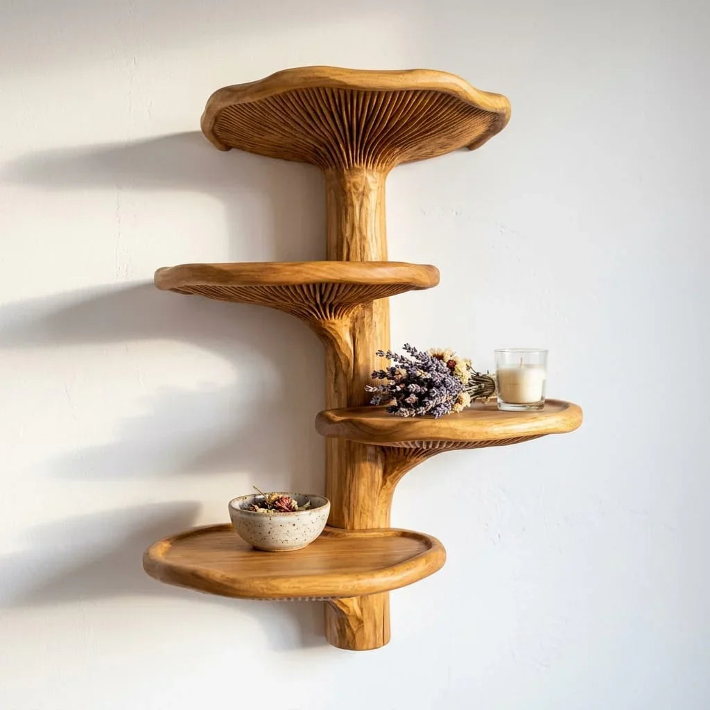 Oyster Mushroom Tiered Wall Shelf with 4 Wide Caps - Handcrafted Solid Wood Floating Shelf with Exposed Gill Carving and Organic Wavy Edges - Ashdeco 2026