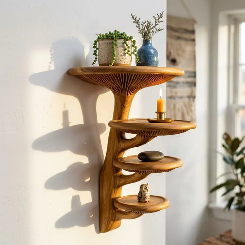 Helical Mushroom Wall Shelf with 4 Graduated Round Platforms - Handcrafted Solid Wood Spiral Staircase Floating Shelf with Front-Facing Gill Carving