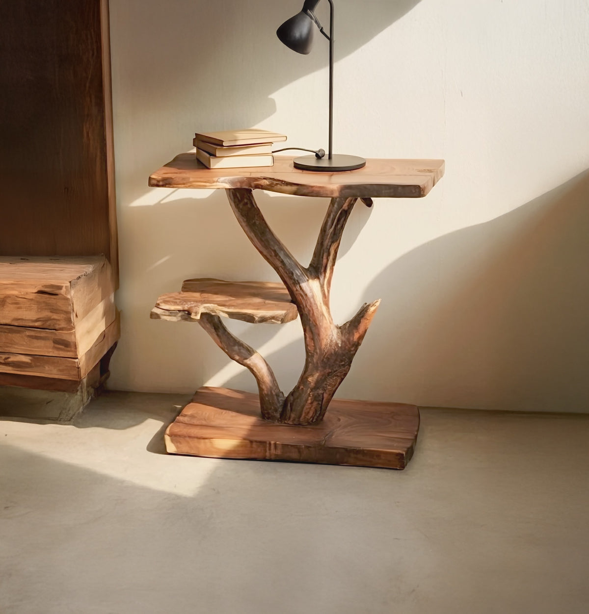 Modern rustic live edge nightstand showcasing sculptural craftsmanship beside a bed