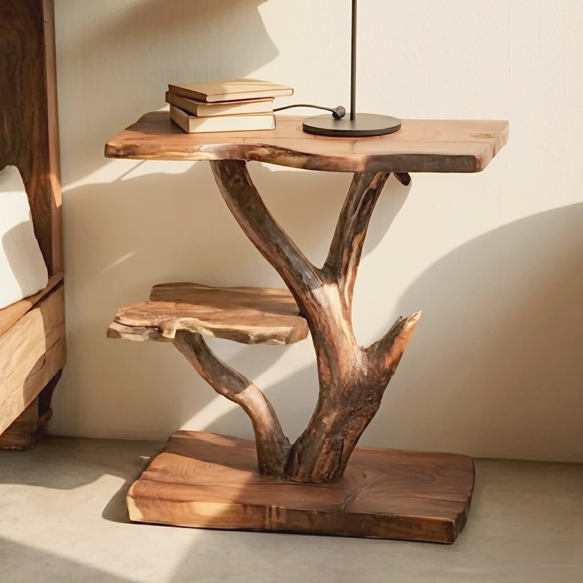 Sculptural tree branch nightstand crafted from premium live edge solid wood
