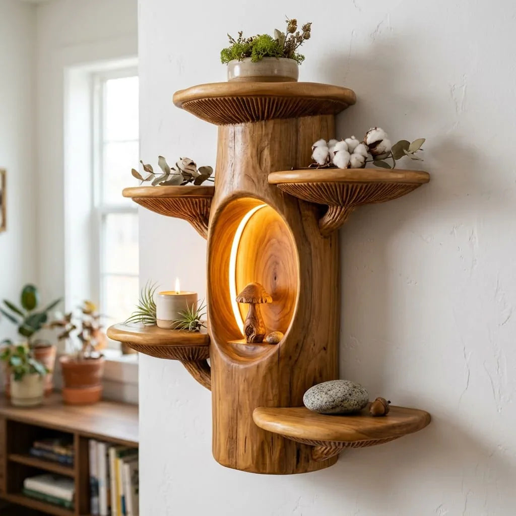 Mushroom Tree Trunk Wall Shelf - Handcrafted Solid Wood Display Shelf - Ashdeco 2026