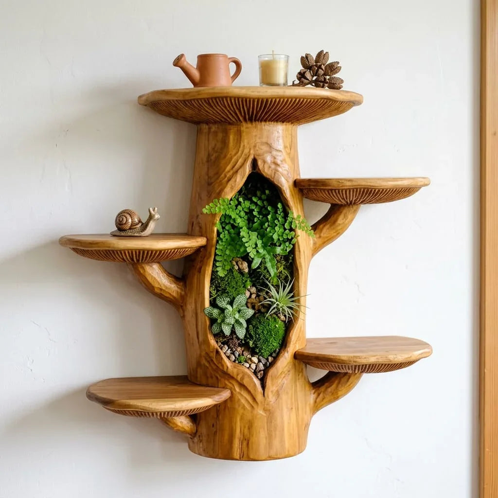 Mushroom Tree Trunk Wall Shelf with Terrarium Niche - Handcrafted Solid Wood Display Shelf - Ashdeco 2026