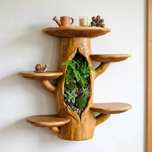 Mushroom Tree Trunk Wall Shelf with Terrarium Niche - Handcrafted Solid Wood Display Shelf