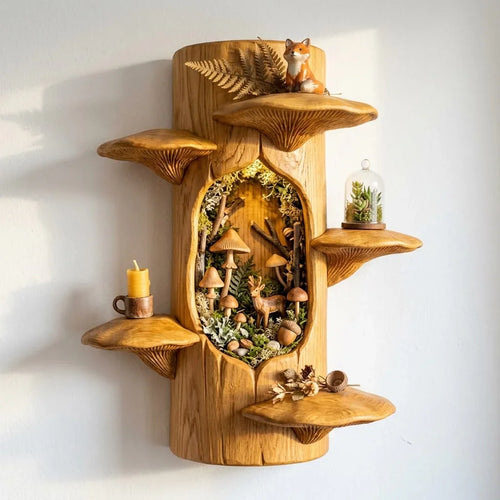 Mushroom Tree Trunk Wall Shelf with Woodland Niche - Handcrafted Solid Wood Display Shelf