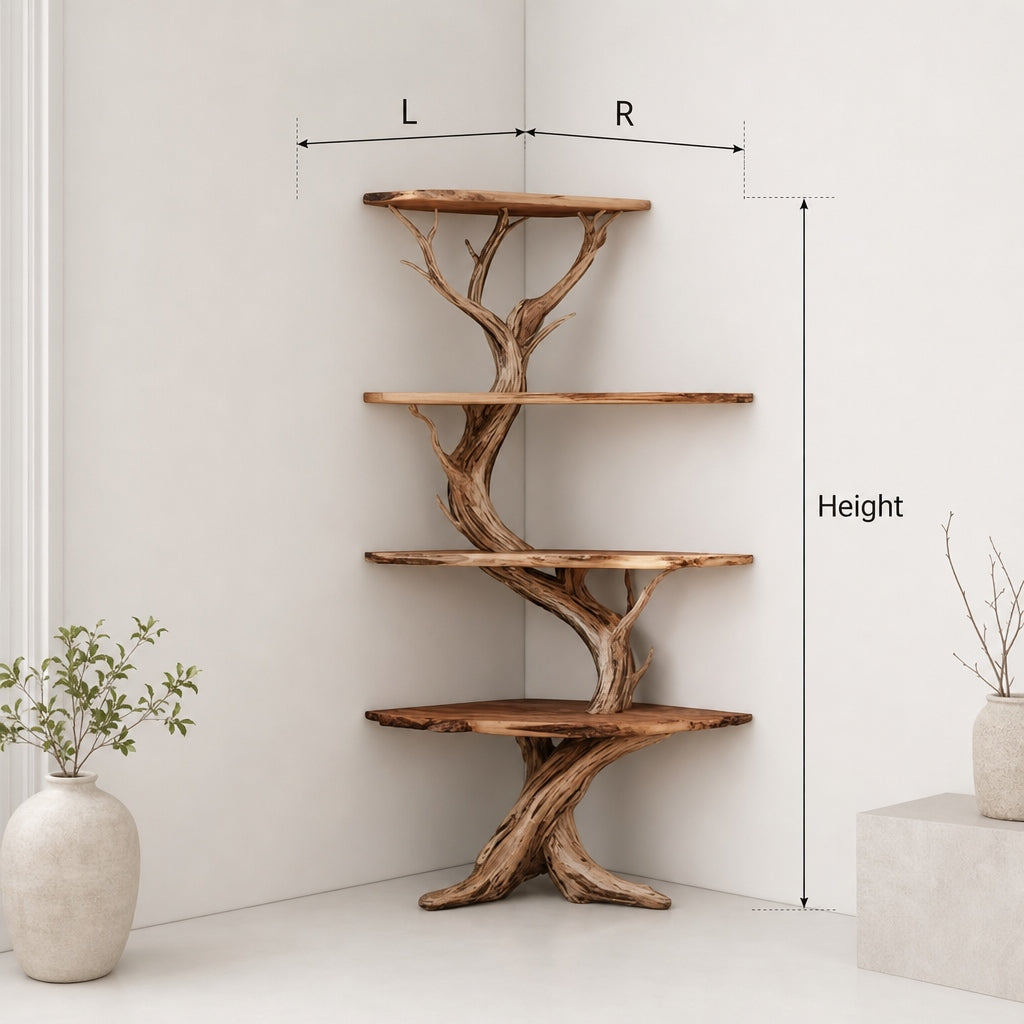 Tree Bookshelf Corner Wall Shelves – Solid Wood Driftwood Branch Décor