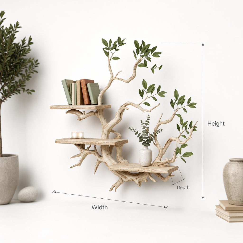 Tree Bookshelf Decor – Solid Wood Carved Floating Wall-Mounted Shelves