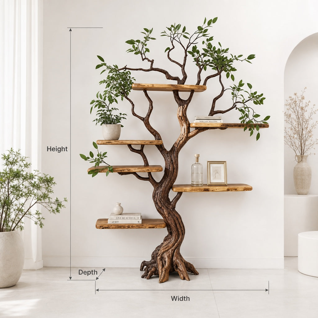 Real tree bookshelf featuring green leaves for natural home decor