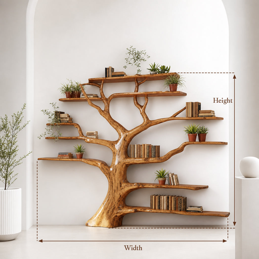 Tree Bookshelf – Rustic Wooden Book Tree Shelf, Wall-Mounted Natural Wood Décor