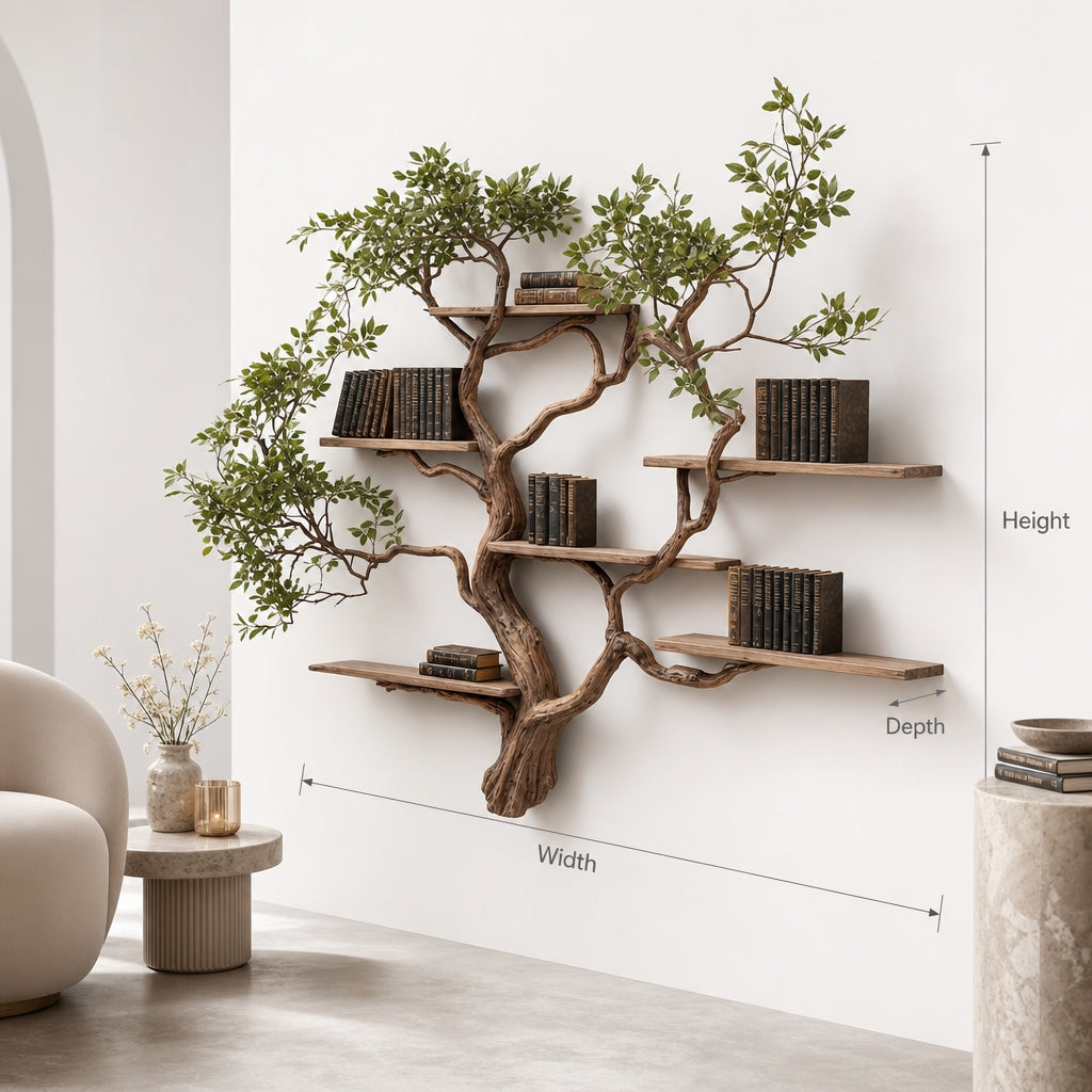 Tree Bookshelf Wall Art – Live Edge Wooden Branch Bookcase with Floating Shelves