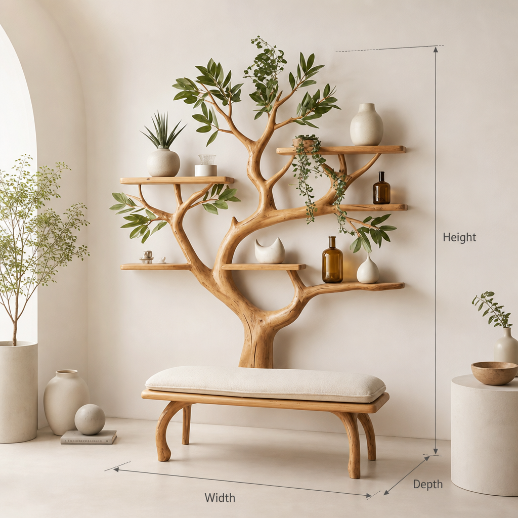 Tree bookshelf with bench for cozy home decor.
