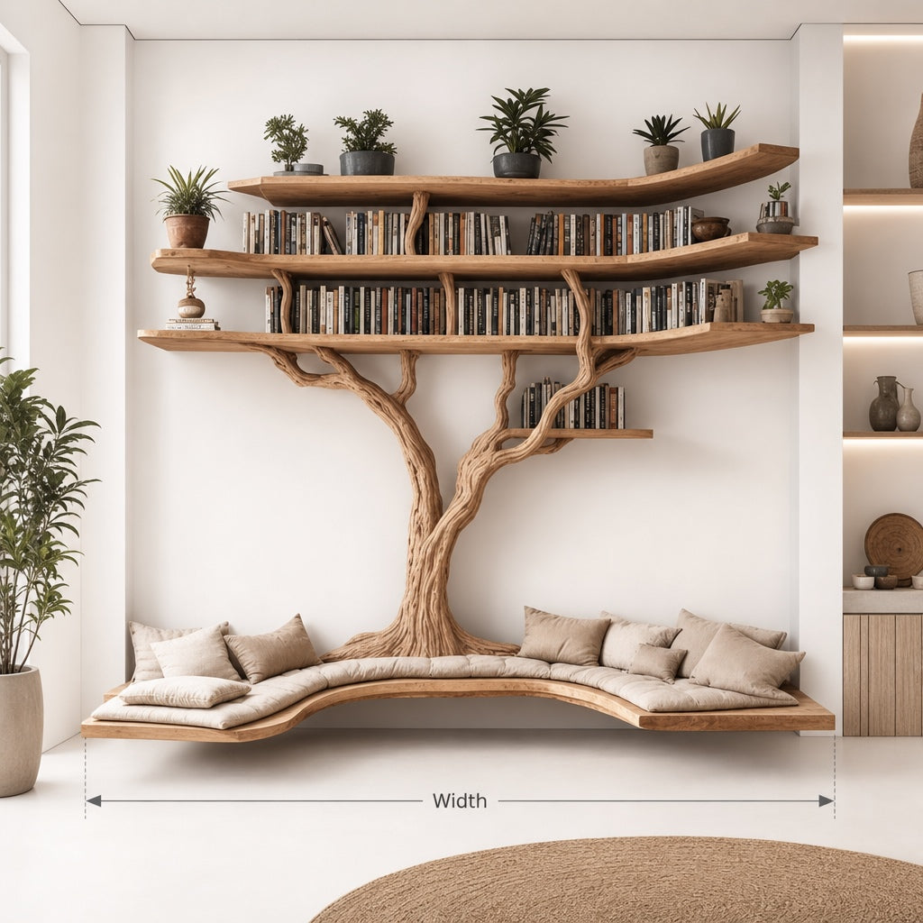 Tree Bookshelf with Built-In Bench – Live Edge Wood Wall Shelf for Reading Nook