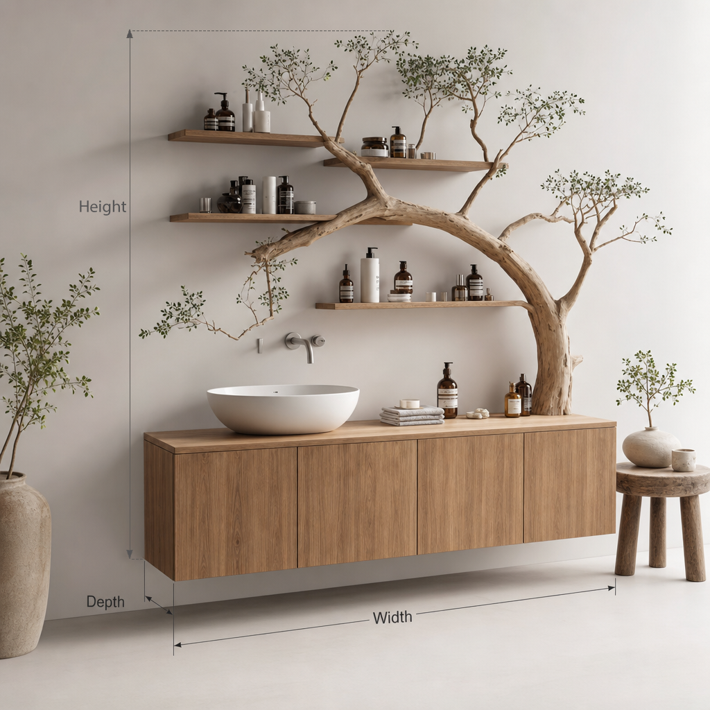 Tree Branch Bathroom Vanity & Floating Shelves – Solid Wood Sink Console
