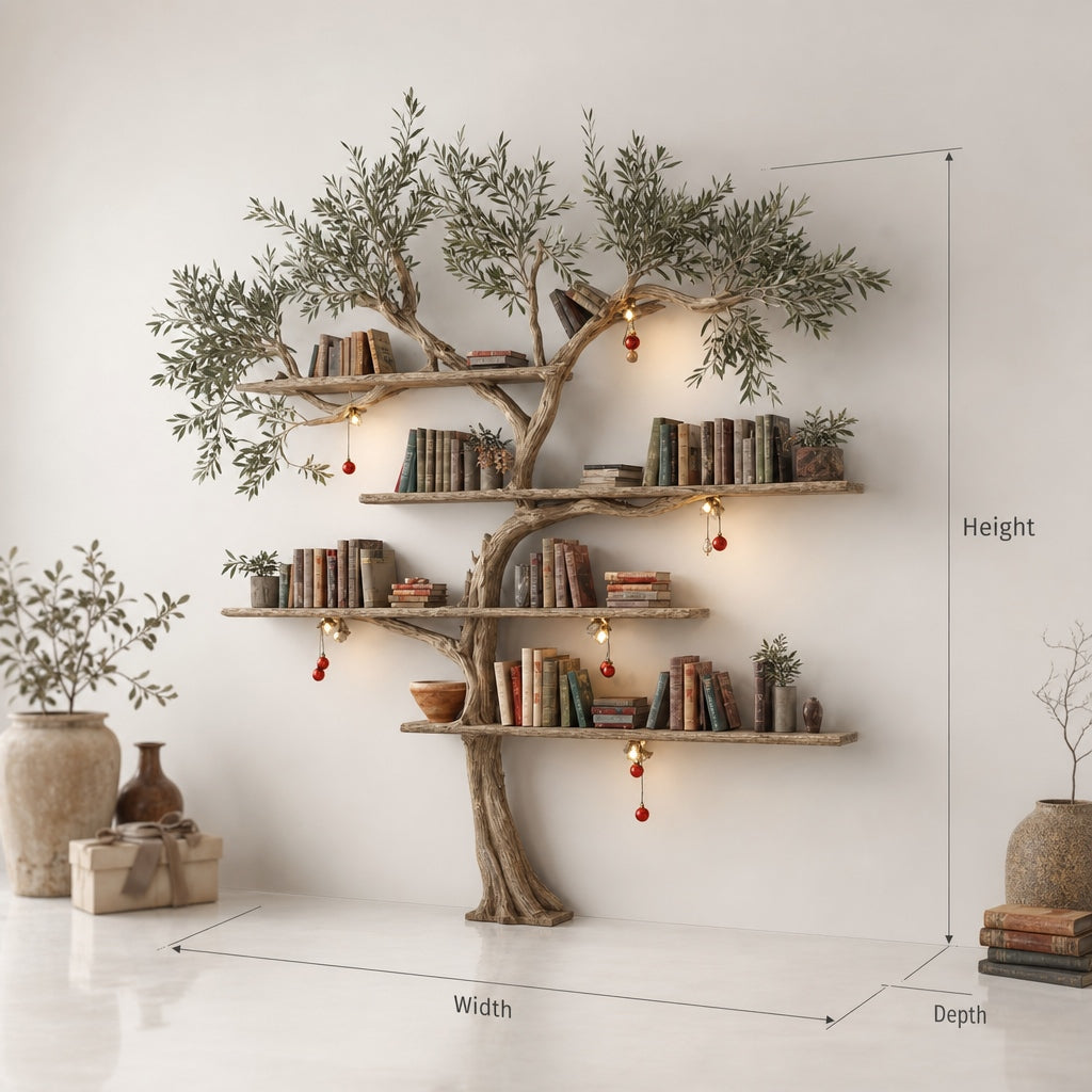 Solid wood tree bookshelf styled with warm fairy lights for Christmas