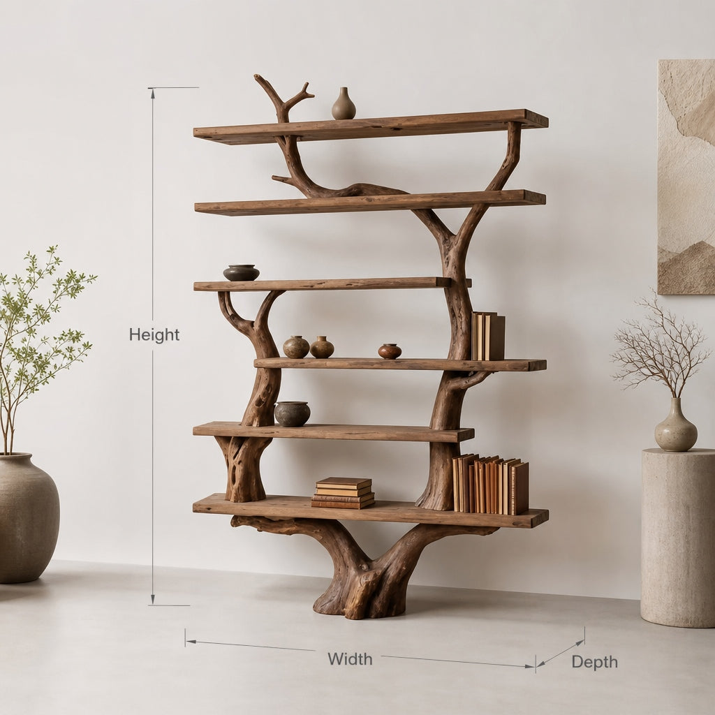 Tree bookshelf wall unit extending from the floor with rustic driftwood styling