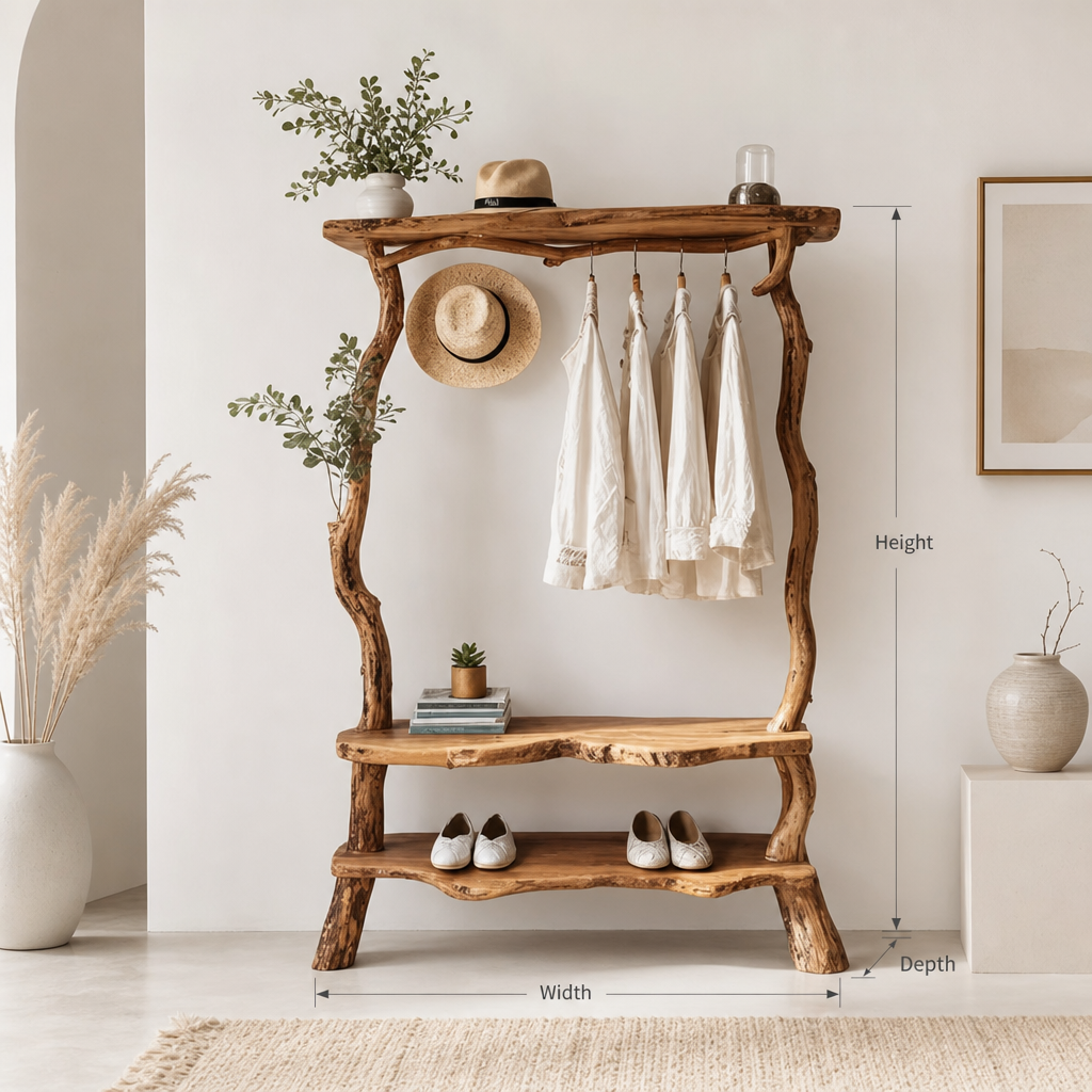 Solid wood tree branch coat rack for a minimalist hallway