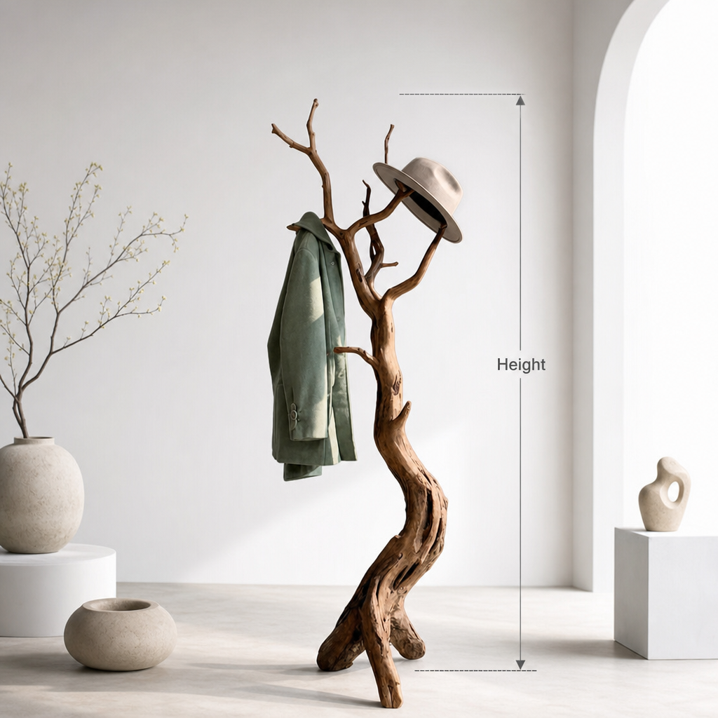 Natural wood tree branch coat rack complementing a serene living space