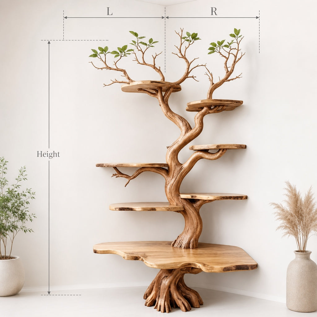 Tree Branch Corner Bookshelf – Solid Wood Wall Decor Art