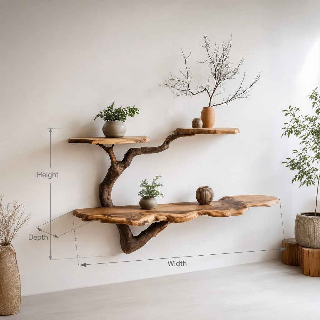Tree Branch Floating Bookshelf – Reclaimed Solid Wood Wall Shelf