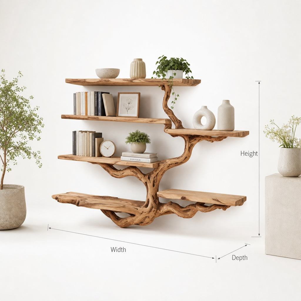 Tree Branch Floating Bookshelf – Solid Wood Wall Mounted Entryway Shelf