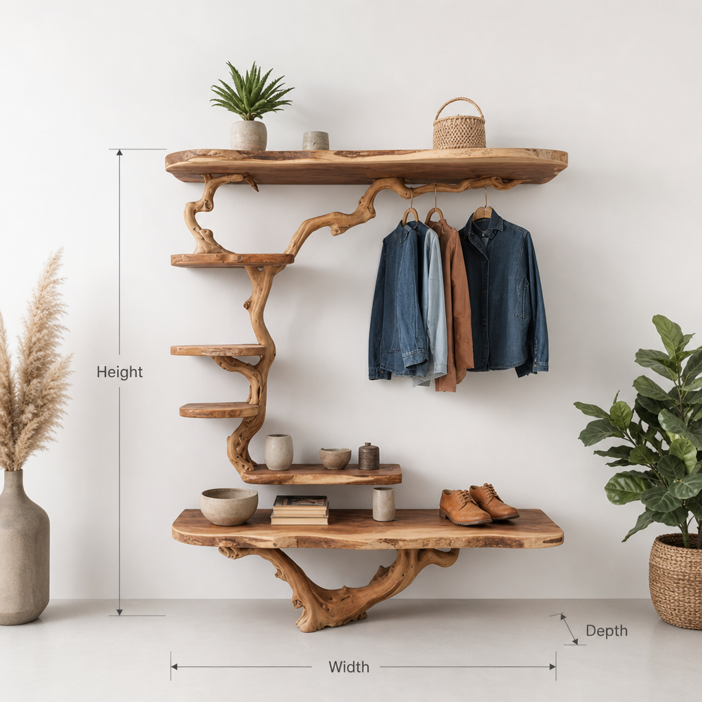Solid wood tree branch hall tree styled in a modern entryway