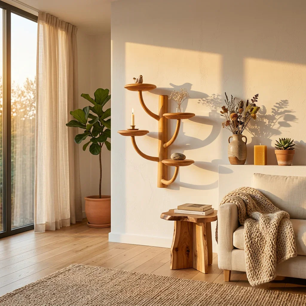Tree Branch Mushroom Wall Shelf with 4 Round Platforms - Handcrafted Solid Wood Candelabra-Style Floating Shelf with Smooth Curved Arms and Carved Gill Rim - Ashdeco 2026
