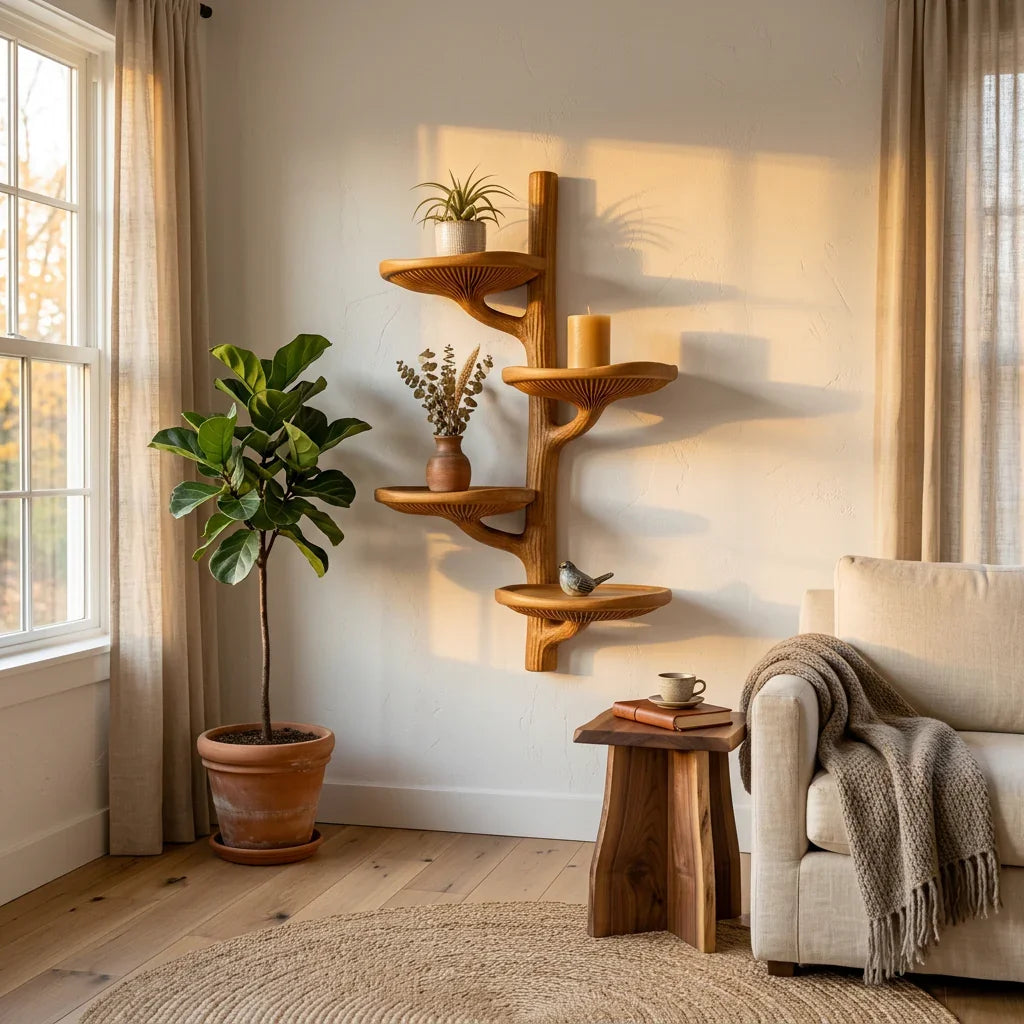 Tree Branch Mushroom Wall Shelf with 4 Wide Dished Platforms - Handcrafted Solid Wood Floating Shelf with Carved Gill Detail and Smooth Branch Trunk - Ashdeco 2026